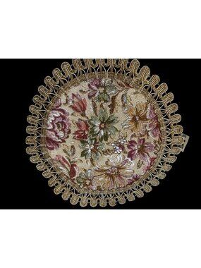 Vintage European Floral Tapestry Doily  Gold Metallic Trim Table Top Switzerland